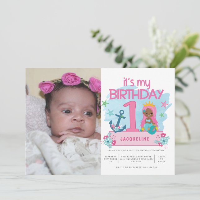 Mermaid Girls 1st Birthday Party Photo Invitation (Standing Front)