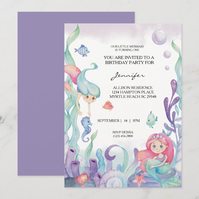 Mermaid Girls 1st Birthday Party Under the Sea Invitation (Front/Back)