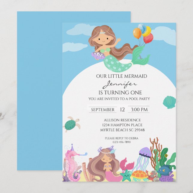 Mermaid Girls 1st Birthday Party Under the Sea Invitation (Front/Back)