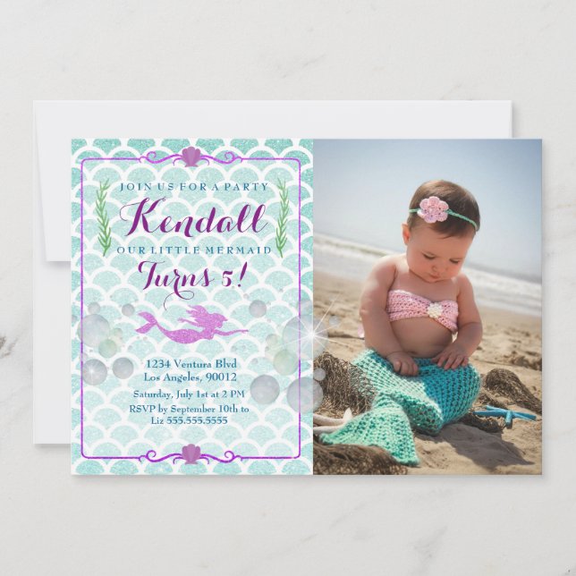Mermaid Girl's Birthday Party Photo Invitation (Front)