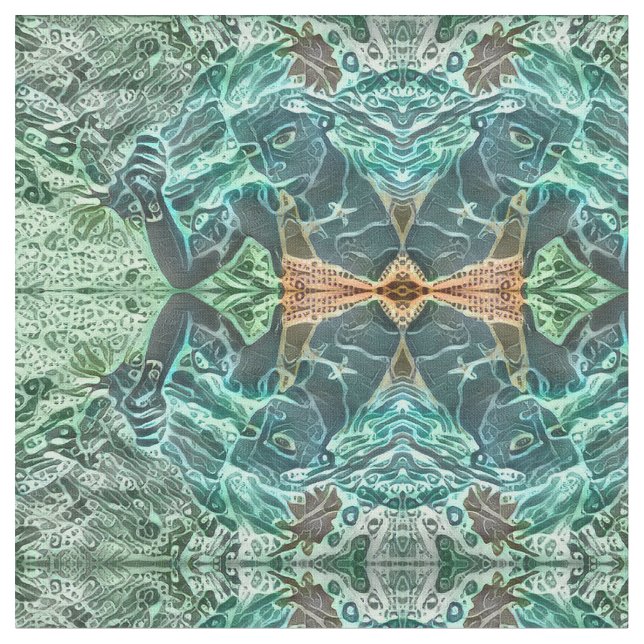 Mermaid Girly Green Teal Brown Bohemian Mosaic Art Fabric (Close Up)