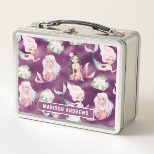 Mermaid Girly Metallic Purple Personalised Name Metal Lunch Box