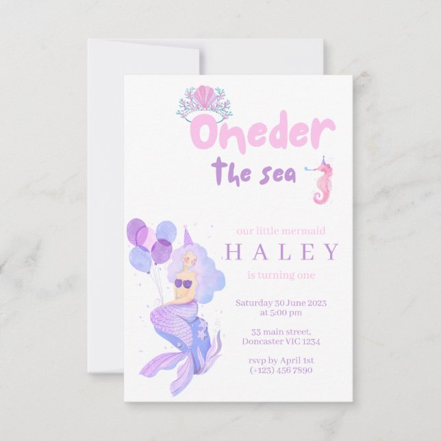 Mermaid Girly Oneder the sea 1st Baby Birthday Invitation (Front)
