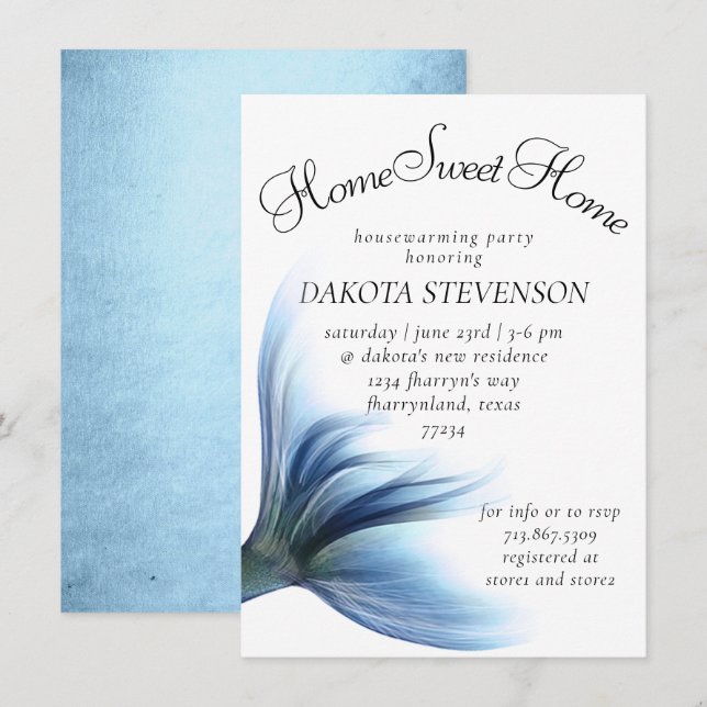 Mermaid Glam Tail | Dusty Ice Blue Home Sweet Home Invitation (Front/Back)