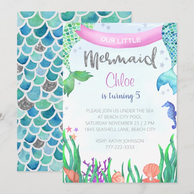 Mermaid Glitter Birthday Party Invitation (Front/Back)