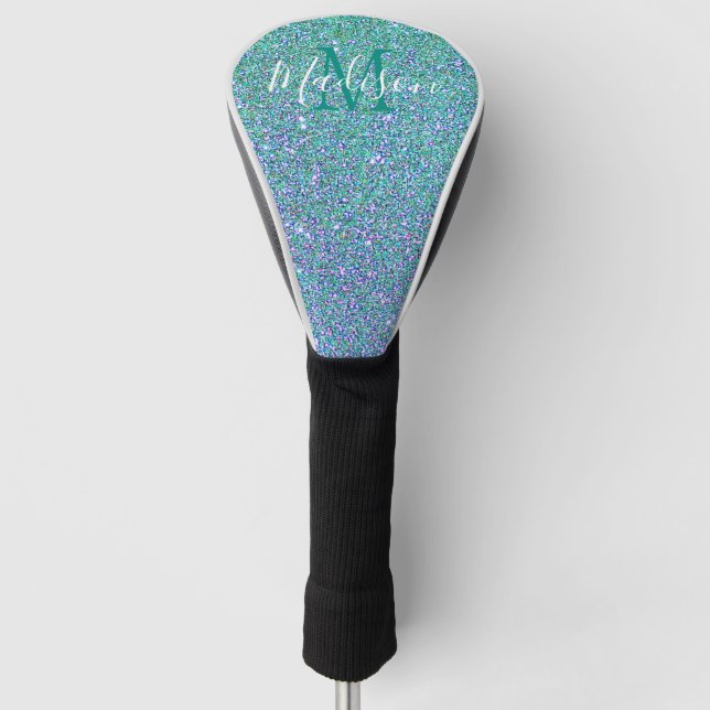 Mermaid Glitter Blue Teal Green Ombre Monogram Golf Head Cover (Front)