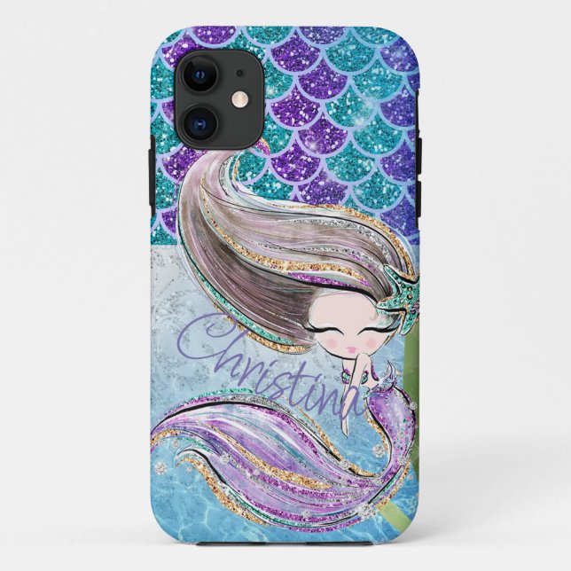 Mermaid Glitter Illustration with Tail Scales Case-Mate iPhone Case (Back)