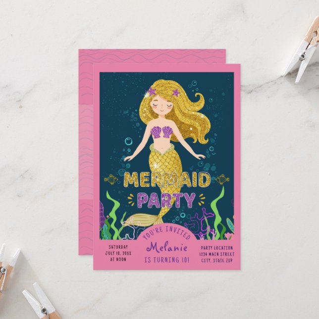 Mermaid Glitter Party Invitation (Front/Back In Situ)