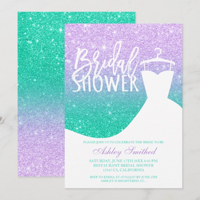 Mermaid glitter purple teal dress Bridal shower Invitation (Front/Back)