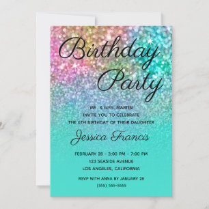 Mermaid Glitter Turquoise Ombre Birthday Party Invitation