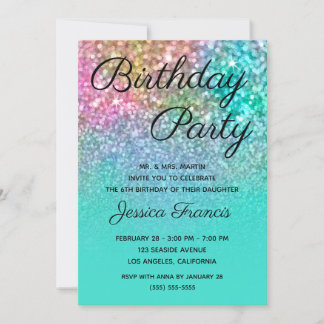 Mermaid Glitter Turquoise Ombre Birthday Party Invitation