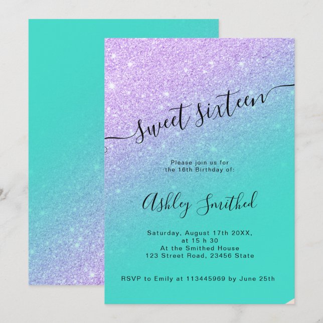 Mermaid glitter turquoise ombre chic sweet 16 invitation (Front/Back)