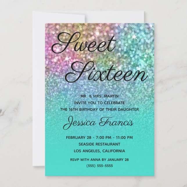 Mermaid Glitter Turquoise Ombre Sweet Sixteen Invitation (Front)