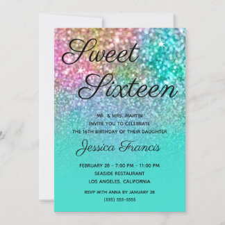 Mermaid Glitter Turquoise Ombre Sweet Sixteen Invitation