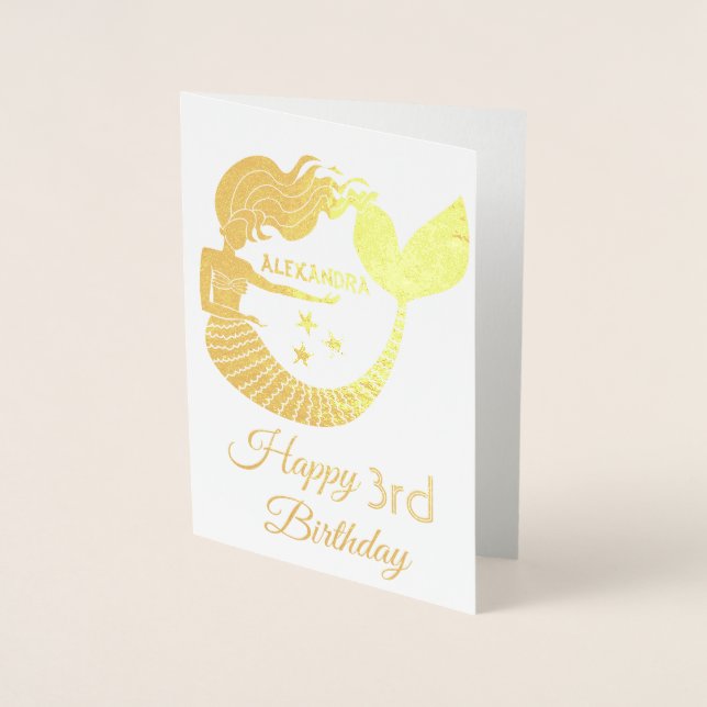 Mermaid Gold 3rd Birthday Foil Card (Front)