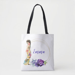 Mermaid Gold Frame  Floral Personalised Monogram Tote Bag