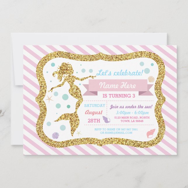 Mermaid Gold Glitter Pink Stripe Invitation (Front)