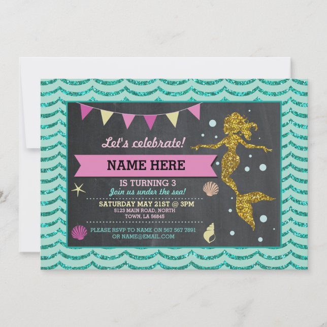 Mermaid Gold Pink Teal Glitter Invitation (Front)