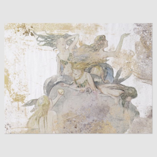 Mermaid Gold Silver Distressed Vintage Decoupage  Tissue Paper (Front)