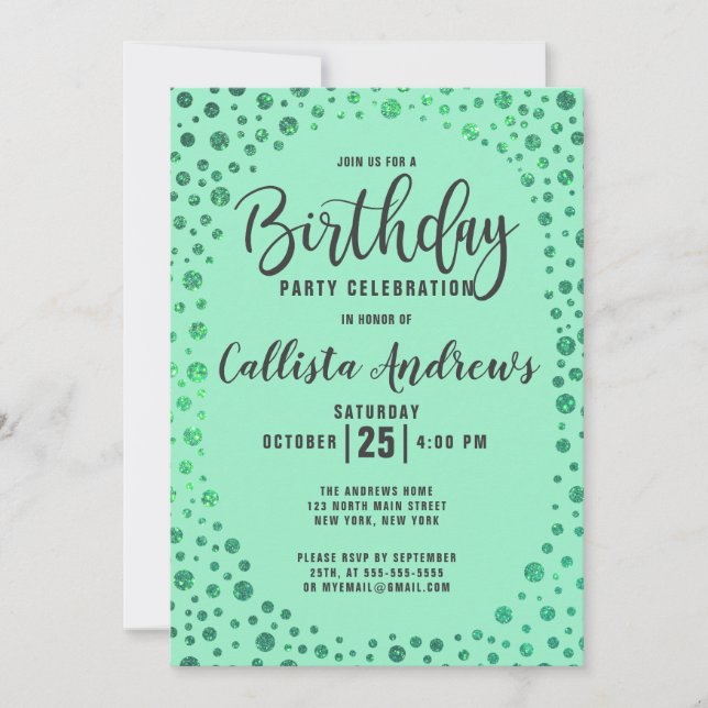 Mermaid Green Glitter Confetti Border Birthday Invitation (Front)