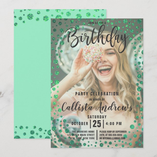 Mermaid Green Glitter Confetti Photo Birthday Invitation (Front/Back)