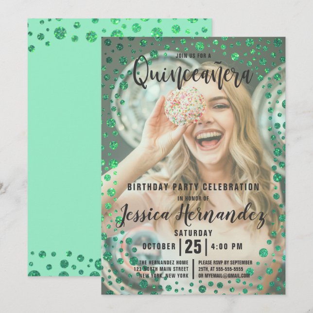 Mermaid Green Glitter Confetti Photo Quinceañera Invitation (Front/Back)