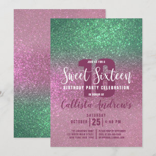 Mermaid Green Pink Triple Glitter Ombre Sweet 16 Invitation