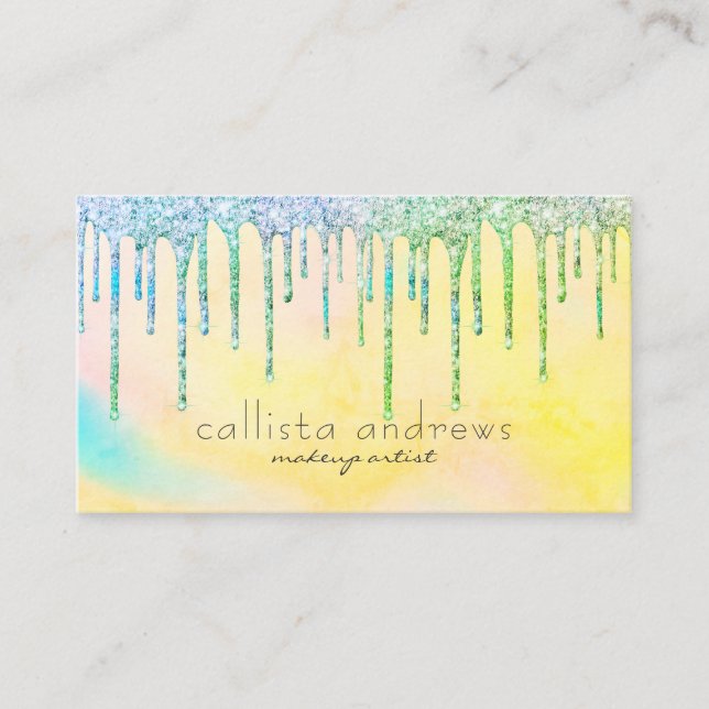 Mermaid Green Yellow Glitter Drips Makeup Artist Business Card (Front)