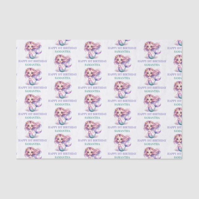Mermaid happy 1st birthday purple and turquoise tissue paper (Front)