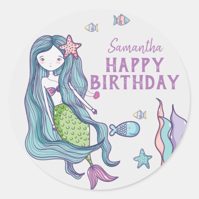 Mermaid Happy Birthday Personalised Classic Round Sticker (Front)