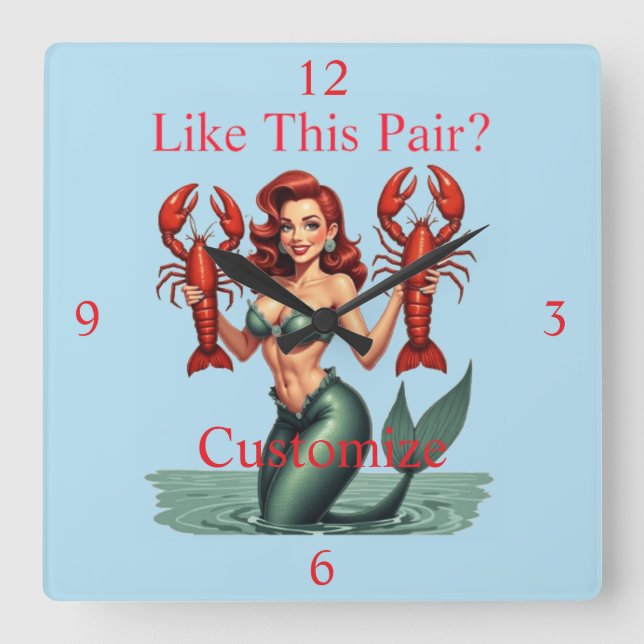 Mermaid Holding Lobsters Thunder_Cove Square Wall Clock (Front)