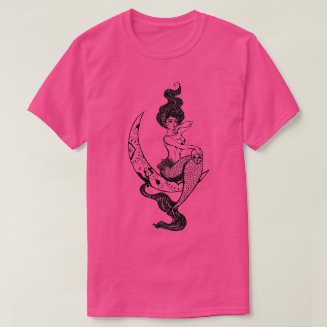 Mermaid holding skull sitting on the moon drawing T-Shirt (Design Front)