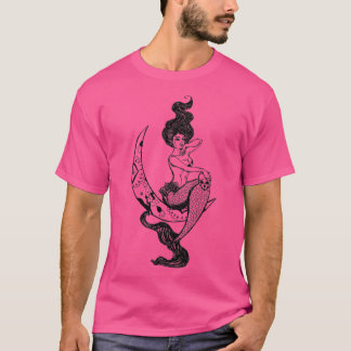 Mermaid holding skull sitting on the moon drawing T-Shirt