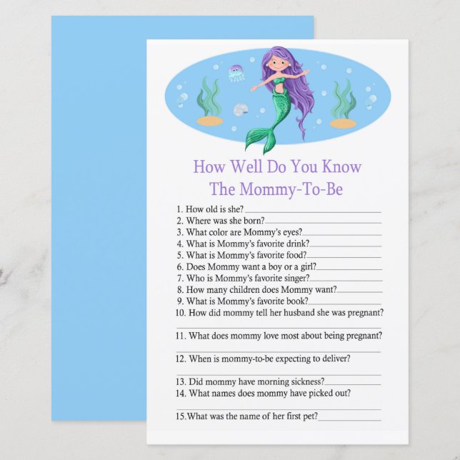 Mermaid How well do you know baby shower game (Front/Back)
