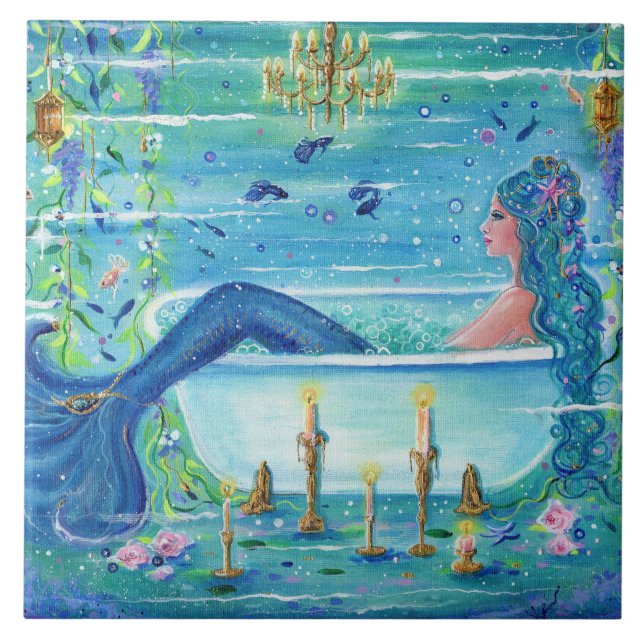 Mermaid in a bathtub art by Renee Lavoie  Tile (Front)