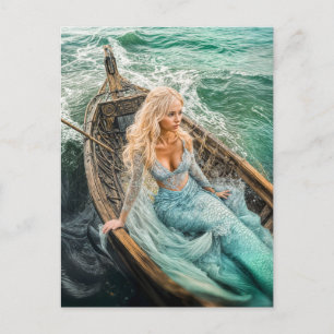 Mermaid in Boat on Stormy Sea Waves Holiday Postcard