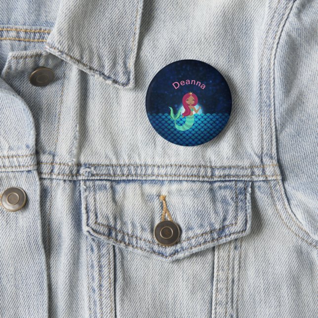 Mermaid in Green and Blue in Moonlit Ocean 6 Cm Round Badge (In Situ)