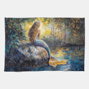 Mermaid in the Grotto Painting Tea Towel