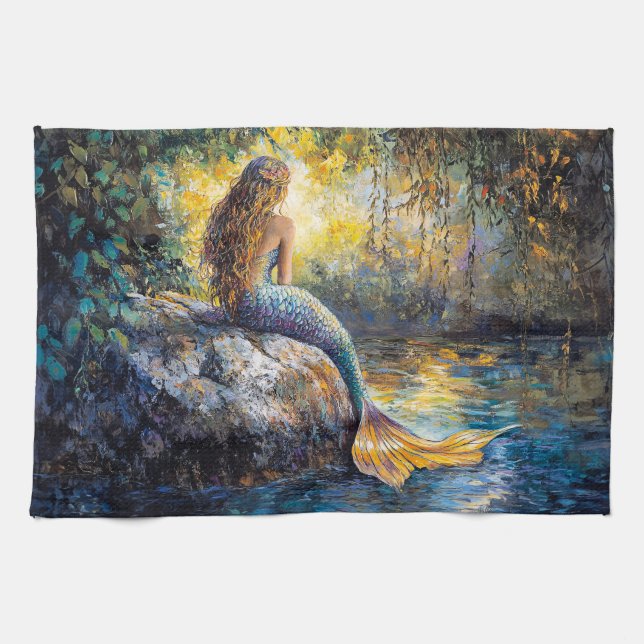 Mermaid in the Grotto Painting Tea Towel (Horizontal)