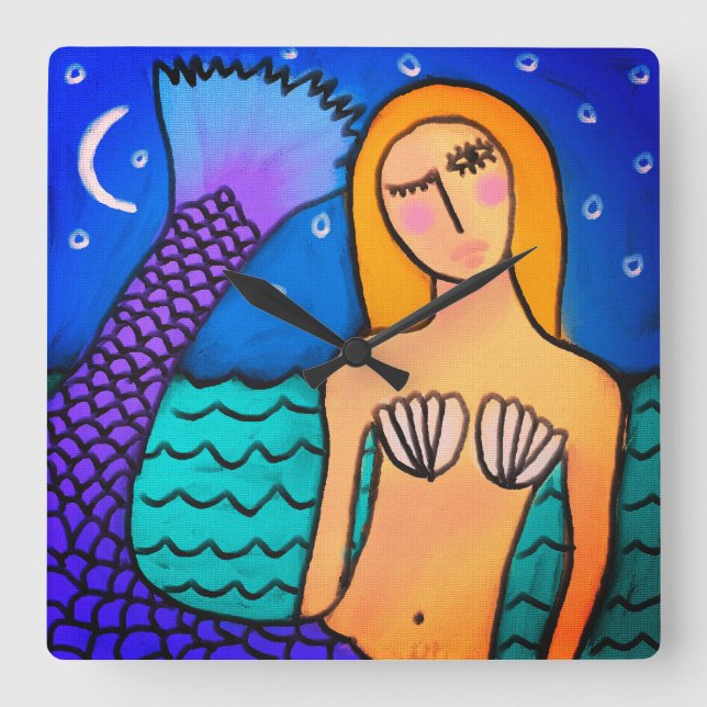 Mermaid in the Moonlight Abstract Art Square Wall Clock (Front)