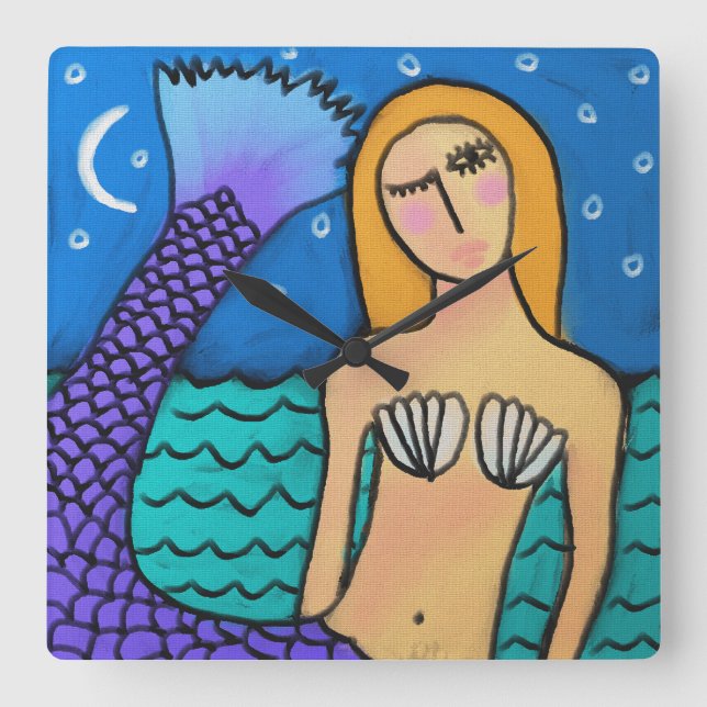 Mermaid in the Moonlight Abstract Art Square Wall  Clock (Front)
