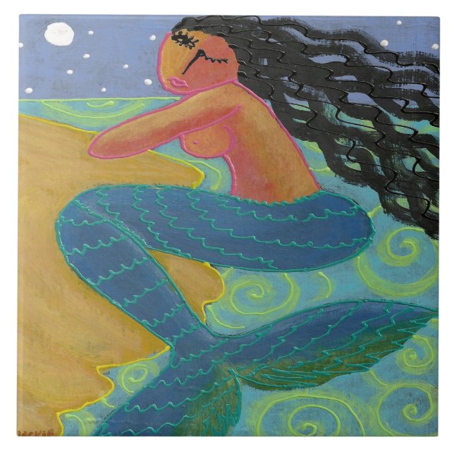 Mermaid in the Moonlight Abstract Painting Tile (Front)