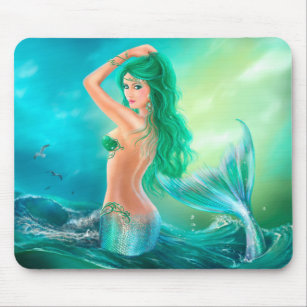 Mermaid in the Sunset with Green Hair Mouse Mat