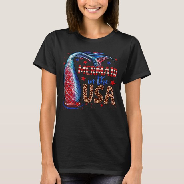 Mermaid In The USA 4th July American Flag Patrioti T-Shirt (Front)