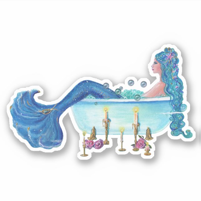 Mermaid in tub by  Renee Custom-Cut Vinyl Sticker (Front)