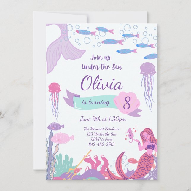 Mermaid Invitation, Mermaid Birthday Invite (Front)