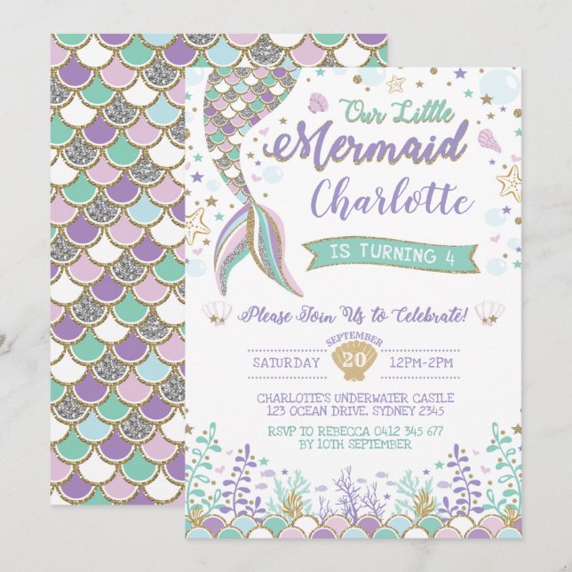 Mermaid Invitation Under the Sea Birthday Sparkle (Front/Back)