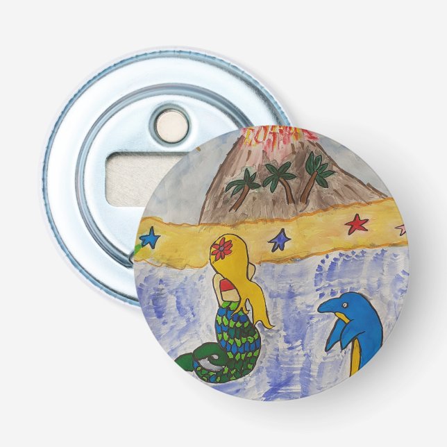 Mermaid Island Button Bottle Opener (Front)