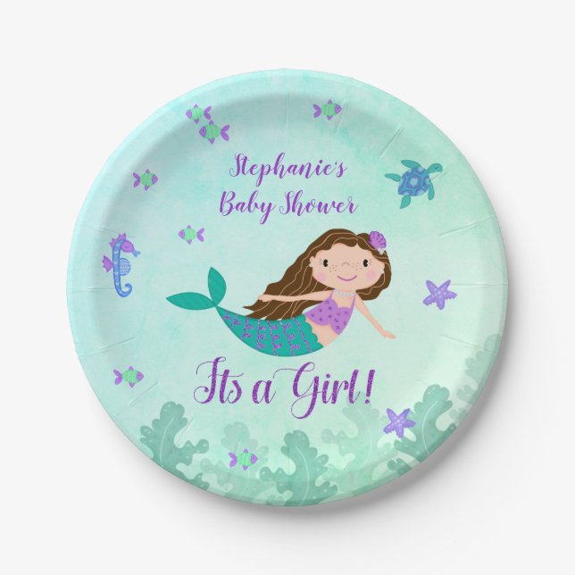 Mermaid It's A Girl Baby Shower Personalised Paper Plate (Front)