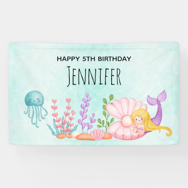 Mermaid & Jellyfish Under the Sea Watercolor Banner (Horizontal)